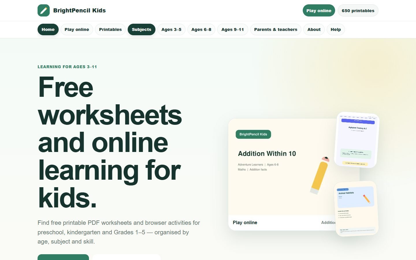 The BrightPencil Kids home page